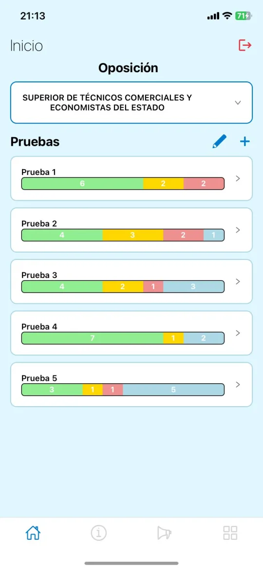 Pantalla de inicio de Opo Plan con las pruebas y su progreso